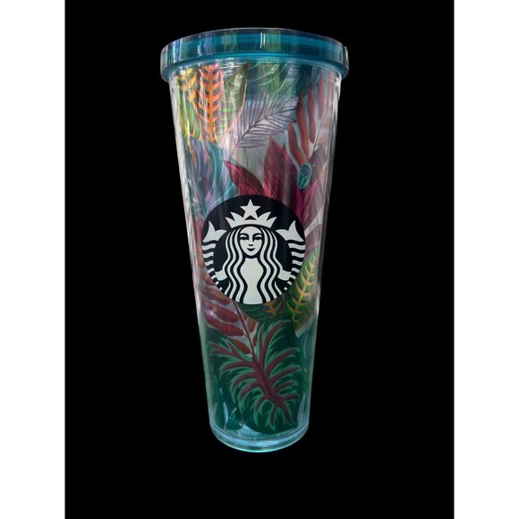 Starbucks Tropical Leaves Venti Cold Cup With Lid 24 Oz Colorful Double-Wall Acr - Picture 3 of 4